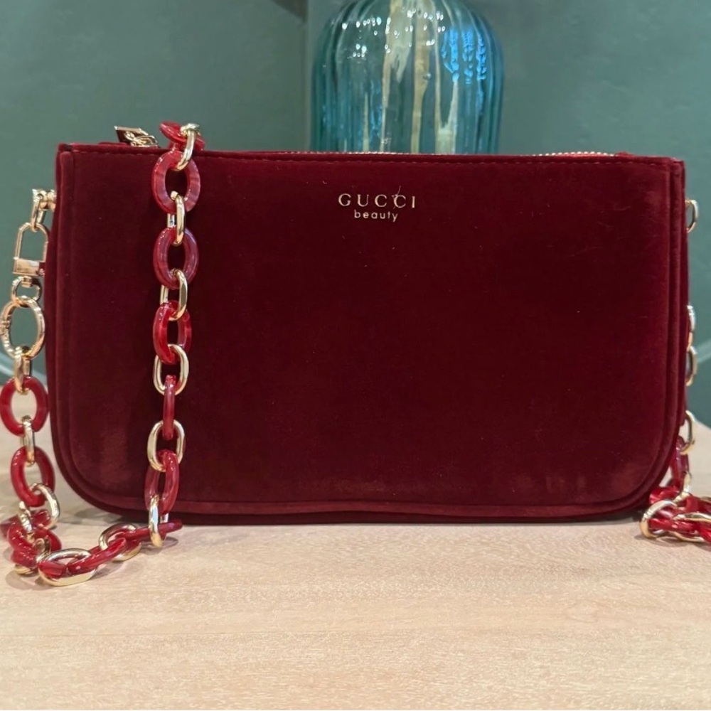 Gucci Beauty Upcycled Velvet Cosmetic Bag GWP W/ Added Tortoise Acrylic Chain